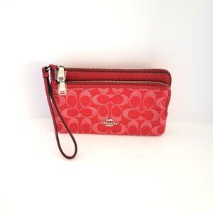 Coach CDN22 Double Zip Wallet Denim Signature Canvas Wristlet True Red Clutch